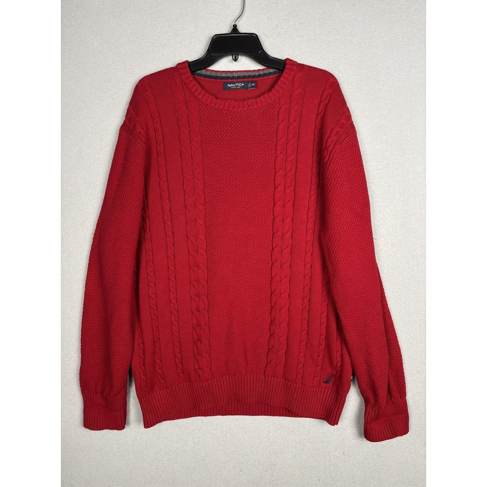 Nautica Sweater Mens 2XL Red Cable Knit Cotton Crewneck Pullover Solid Logo